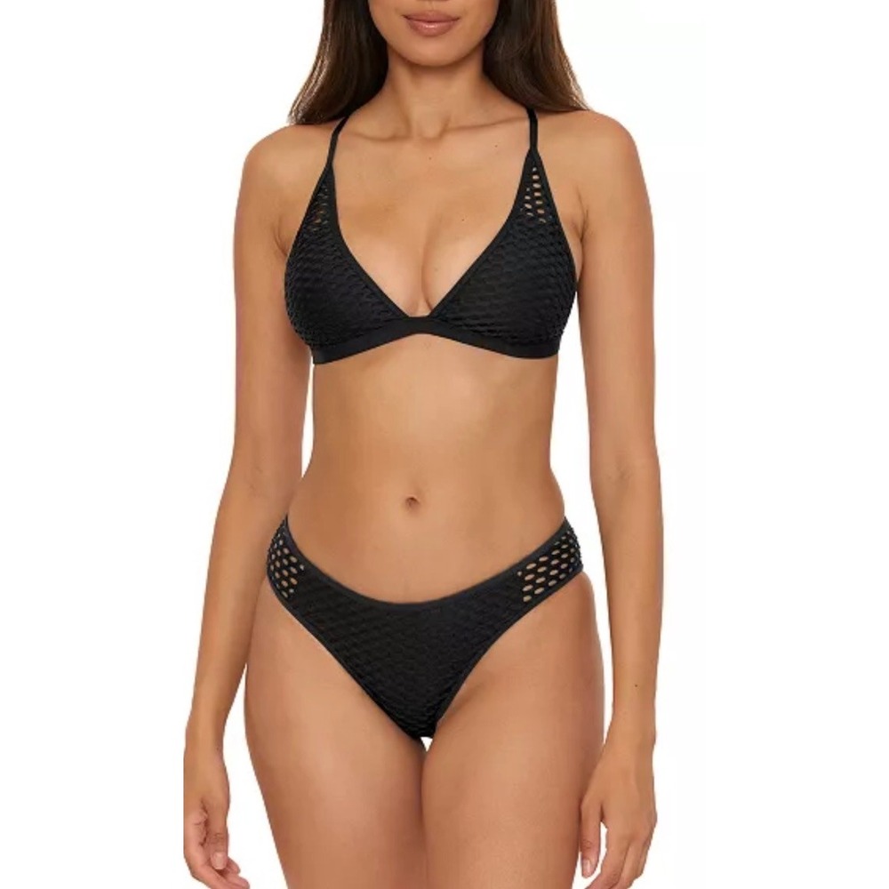 Becca Women's Castaway Fishnet Bikini Top & Bottom Set Black Mesh Triangle Sz S